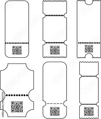 Set of ticket icons including cinema, concert, airline and event with QR code vectors illustration in trendy black outline style. Perfect for travel apps, booking systems and entertainment ui mockups.
