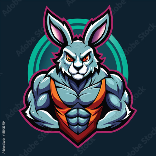 Strong rabbit esport mascot logo design featuring a muscular character with intense expression, vibrant colors, and dynamic features suitable for competitive gaming teams or branding