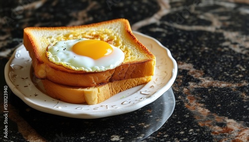 Golden toasted bread with fried egg on elegant plate with copy space