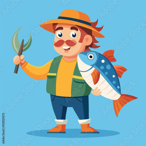 Fisherman proudly displaying a large colorful fish while holding a spear on a bright blue background during a sunny day