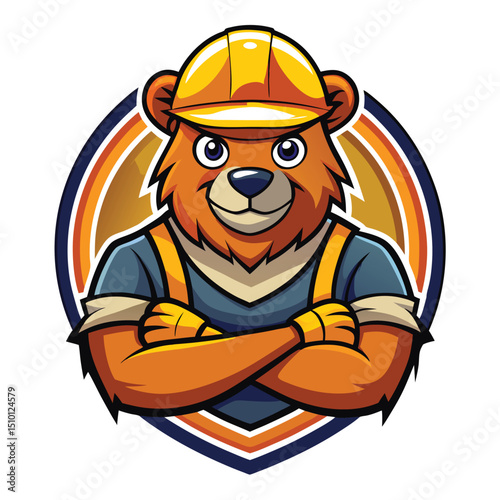 Bear builder mascot logo showcases a friendly bear wearing a hard hat and construction gear with crossed arms, perfect for construction-themed branding and projects