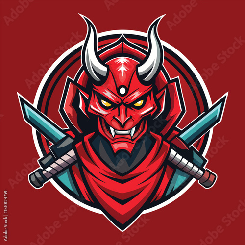 Devil samurai warrior mascot logo design featuring a fierce red face, sharp horns, and crossed swords on a bold red background