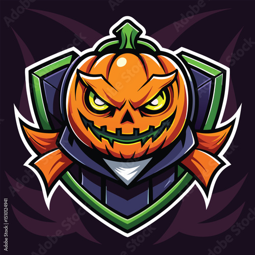 Creative pumpkin mascot logo featuring Halloween theme for esports, showcasing a fierce character in an armored suit with vibrant colors and striking details