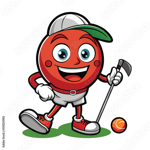 Cheerful mascot character illustration of a golf ball joyfully holding a club while standing next to an orange golf tee during a sunny day on the golf course