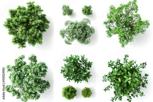 Set of Mugworts,Salix Purpurea,Myrtle Trees Rendered From the Top View, Isolated on White Background