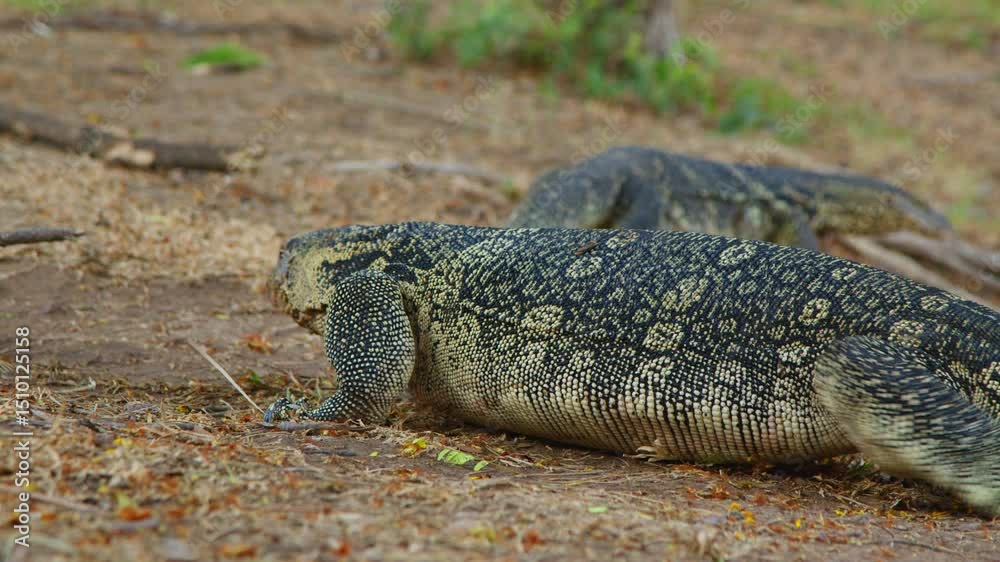 close-up of a monitor lizard resting on the ground amid dry foliage. The lizard displays intricate patterns on its skin, blending into its natural environment. Shallow depth of field captures the tran