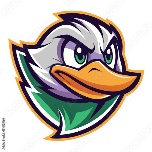 Duck logo mascot illustration featuring a fierce expression with vibrant colors and distinct features suitable for branding or sports teams