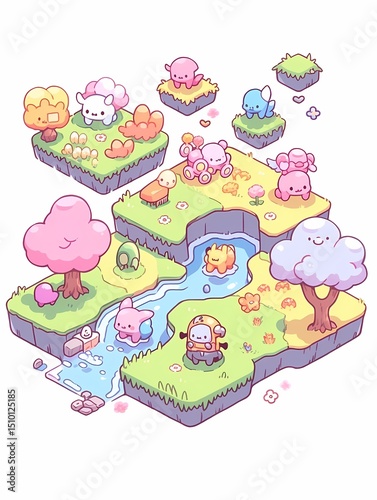 Group of unique smiling anime creatures in vibrant grassy landscape swimming and lounging