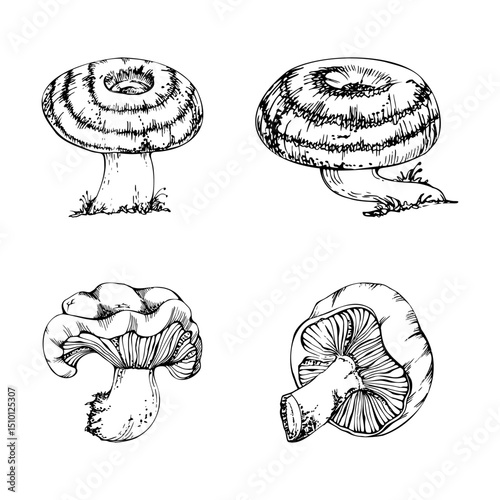 Lactarius milk-cap russula striped mushroom fungus. Autumn harvest, edible raw ingredient for vegan cooking. . Single element hand drawn in vector ink. Forest festival posters, educational printables