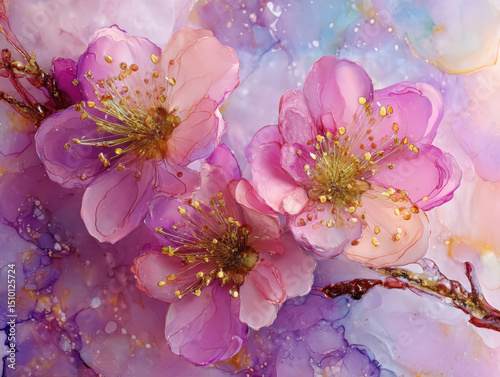 Colorful blooming pink sakura flowers background. Translucent petals with delicate textures and vibrant colors. 