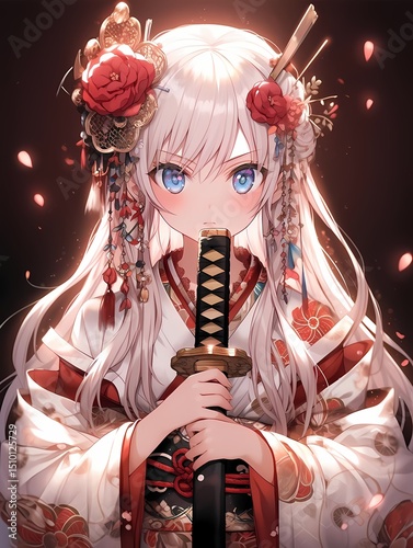 Young anime girl in Japanese attire with rose gold accessories holds katana