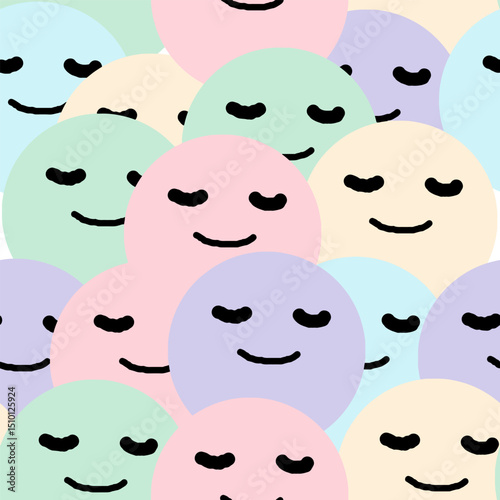 Colorful Pastel Smiley Faces with Relaxed Expressions in a Seamless Pattern