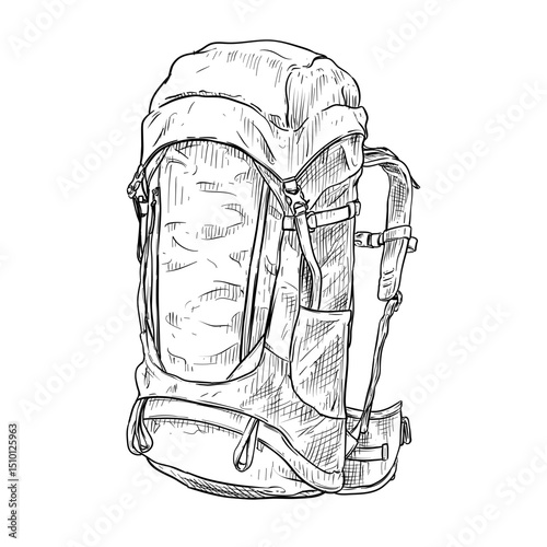 hiking camping backpack vector line art hand drawn illustration