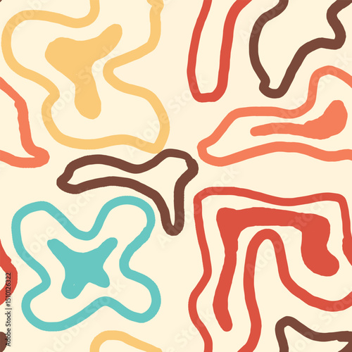 Abstract Artistic Pattern with Retro Multicolor Organic Shapes and Curves Seamless Pattern