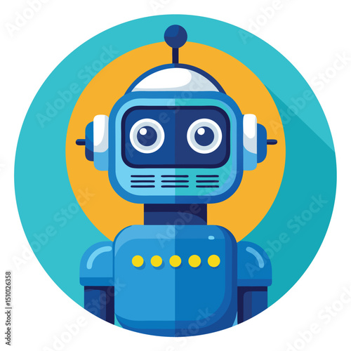 Realistic robot chatbot icon design featuring expressive eyes and a friendly appearance against a vibrant background suitable for tech-related applications