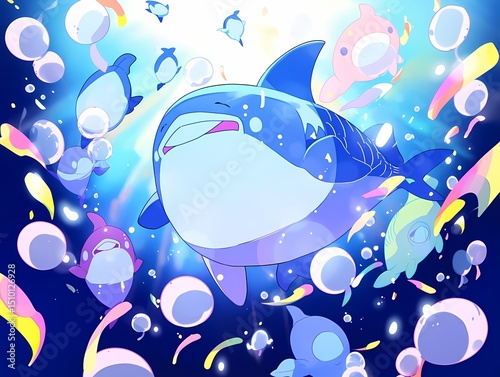 Anime illustration of blue and white whale swimming with colorful fish, underwater scene, fantasy marine life.