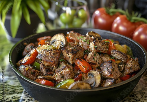 Photo of a delicious meal of cooked meat and vegetables served in a rustic black skillet