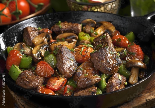 Photo of a delicious meal of cooked meat and vegetables served in a rustic black skillet