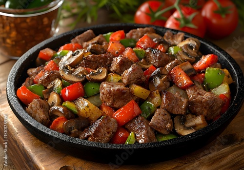 Photo of a delicious meal of cooked meat and vegetables served in a rustic black skillet