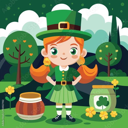 Leprechaun girls mascot celebrates St Patricks Day with vibrant green attire and playful setting in nature