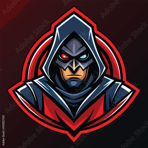 Intriguing assassin mascot logo design featuring a cloaked figure with contrasting eye colors set against a dynamic background