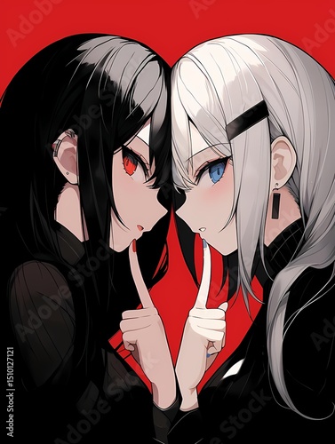 Two anime-style characters with contrasting features stand side by side against a red background, their fingers on each other's mouth, conveying a playful or intimate interaction.