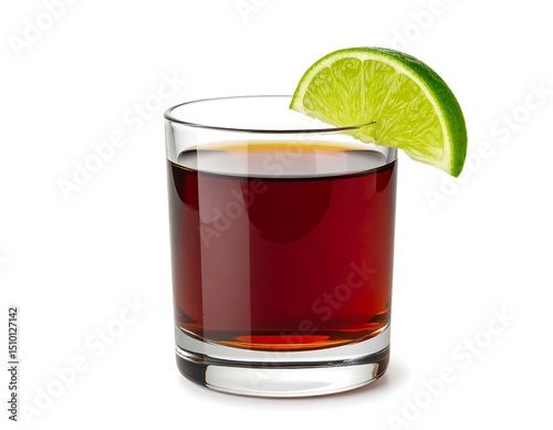 Shot glass of dark liquid with lime