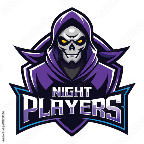 Vibrant logo design featuring a mysterious mascot for a gaming team, showcasing a skull figure with a dark robe and striking yellow eyes in a playful yet fierce style