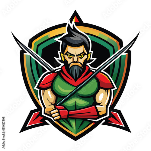 Archer mascot design showcases a muscular figure with swords, emphasizing strength and agility, ideal for sports team branding or logo creation relevant to competitive activities