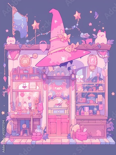 Whimsical wizard shop with a pink theme, magical items, welcoming atmosphere, playful and nostalgic feel.