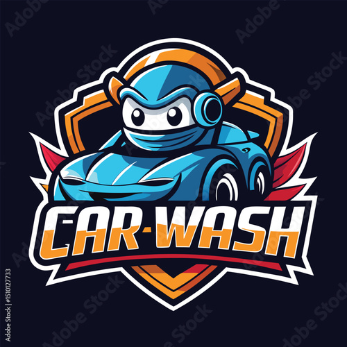 Exciting car wash mascot logo featuring a blue racing car for esports and gaming enthusiasts