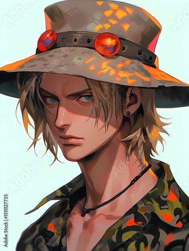 Young anime man, blonde hair, green eyes, bold outfit, intense gaze, character portrait.