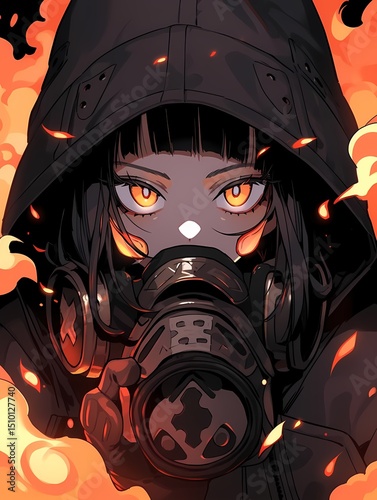 Anime character with orange eyes, black hair, holding gas mask, against fiery orange background.