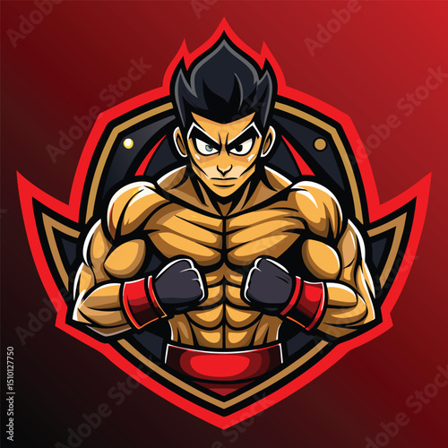 Boxing mascot logo design featuring a muscular fighter with an intense expression and dynamic colors for esports branding and identity