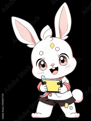 A cartoon rabbit with white fur, pink accents, and brown shorts holds a clipboard and stylus against a black background.