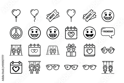 Collection of Black and White Line Icons Representing Friendship, Love, and Relationships.