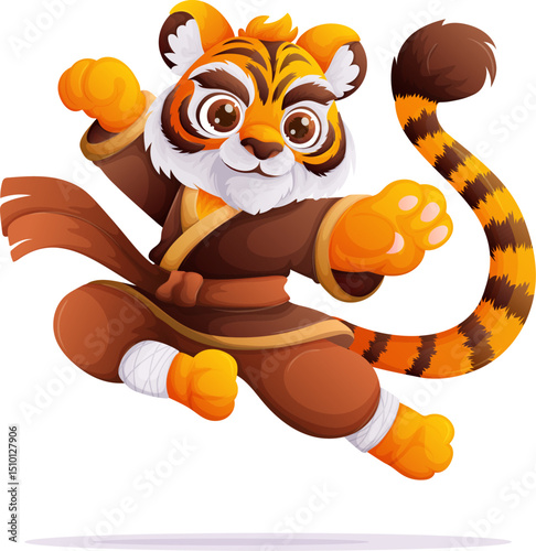 Cartoon Tiger Practicing Martial Arts Cute Tiger in Kung Fu Stance, Ready for Action