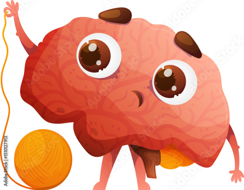 Cartoon Brain Character Playing with a Ball of Yarn, Cute Brain Concept.