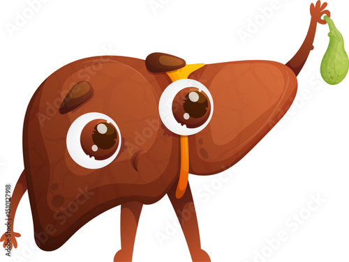 Cartoon Liver Character Holds Gallbladder, Educational Human Anatomy Concept.