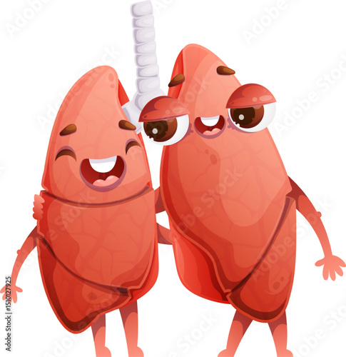Cartoon Lungs Characters Hugging, One Happy and Smiling, the Other Feeling Tired.