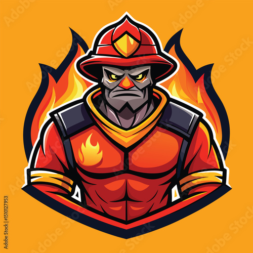 Firefighter mascot logo design showcasing a modern and bold representation with strong features and vibrant colors, emphasizing bravery and heroism in firefighting