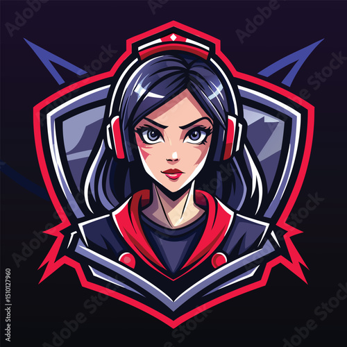 Gamer girl mascot logo showcasing a confident female character in a stylish headset, perfect for esports branding and gaming communities seeking creativity and individuality