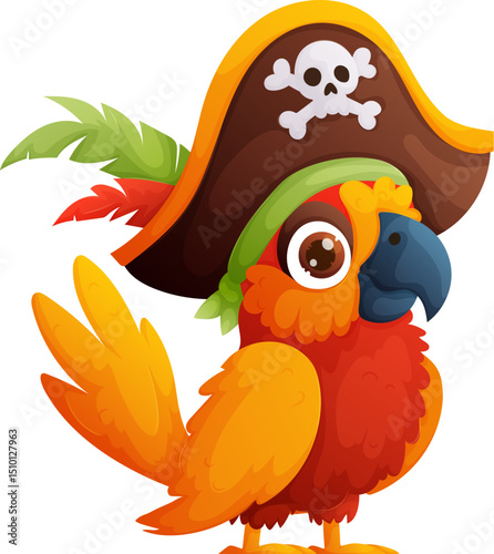 Cartoon Pirate Parrot with Hat, Skull and Feathers for Adventure and Theme Designs.