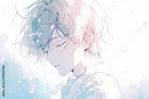 Anime man portrait against pastel background.