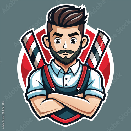 Male barber mascot in a confident pose with arms crossed and barber poles behind him, showcasing determination and pride in his craft
