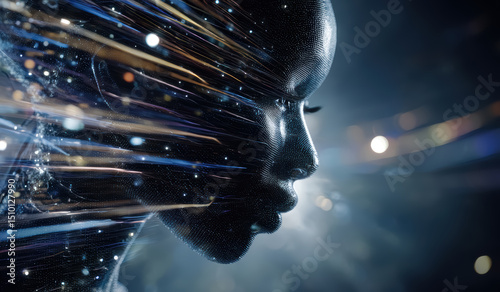 A closeup of an African woman's face made of glowing pixels with digital data streams coming out of her head. Concept of AI artificial intelligence, cyberspace, metaverse.  