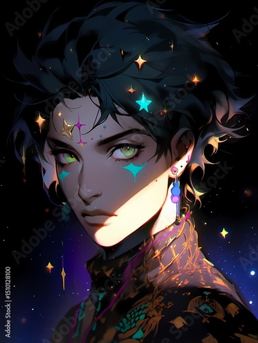 A person with striking green eyes and unique hairstyle gazes directly at the viewer, surrounded by a starry night sky and celestial-patterned garment, creating a sense of connection and intrigue.