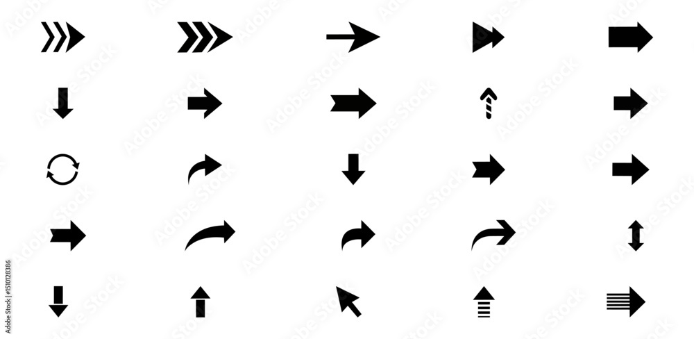 Set of black arrow icons. Various packaging symbols. Motion pointers. Site and player control buttons. Flat style logos. Information pointers. Wayfinding directions. Modern simple vector arrows.