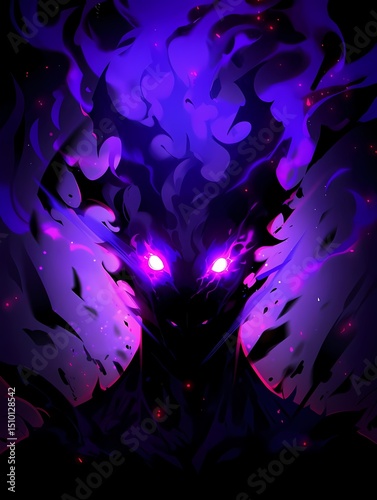 Dark fantasy figure, glowing purple eyes, swirling purple and black energy, dramatic presence, mysterious atmosphere, digital art.