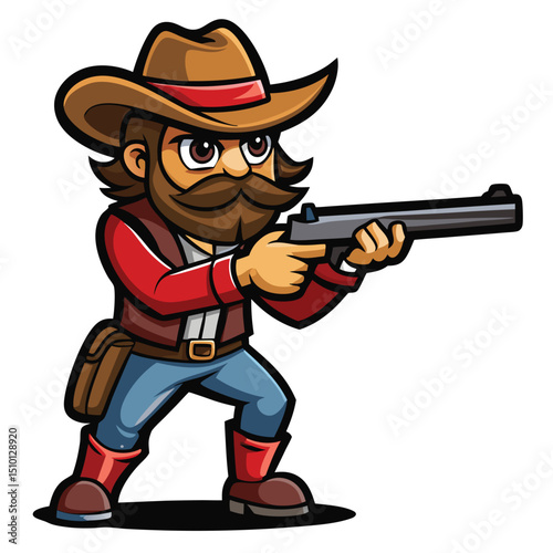 Cowboy mascot aiming shotgun in a dynamic vector illustration showcasing a bold western theme with vibrant colors and playful character design